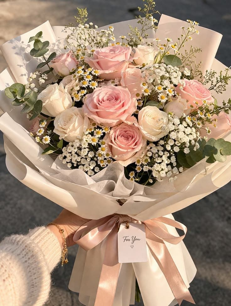 Pink and ivory roses with small white daisies and baby's breath