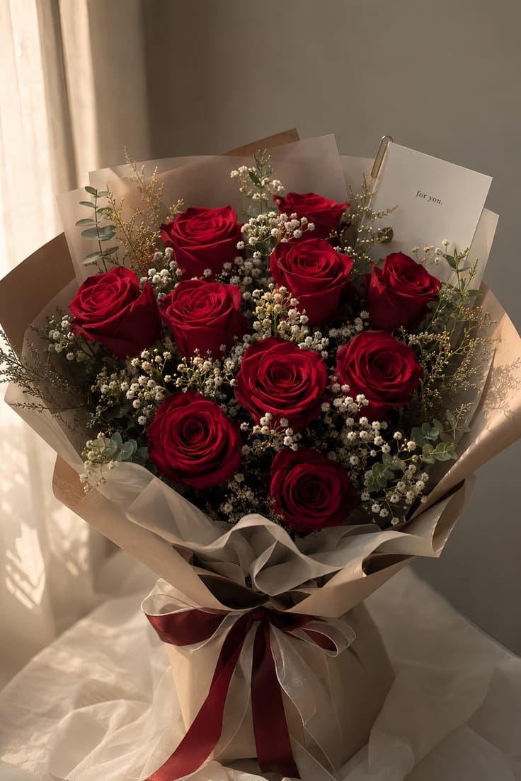 Ten red roses with baby's breath and eucalyptus in neutral wrapping