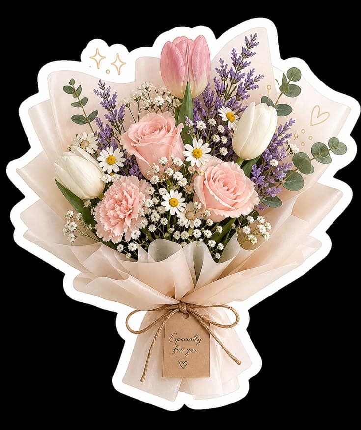 Pink and white tulips with blush roses, carnation, daisies, and lavender filler