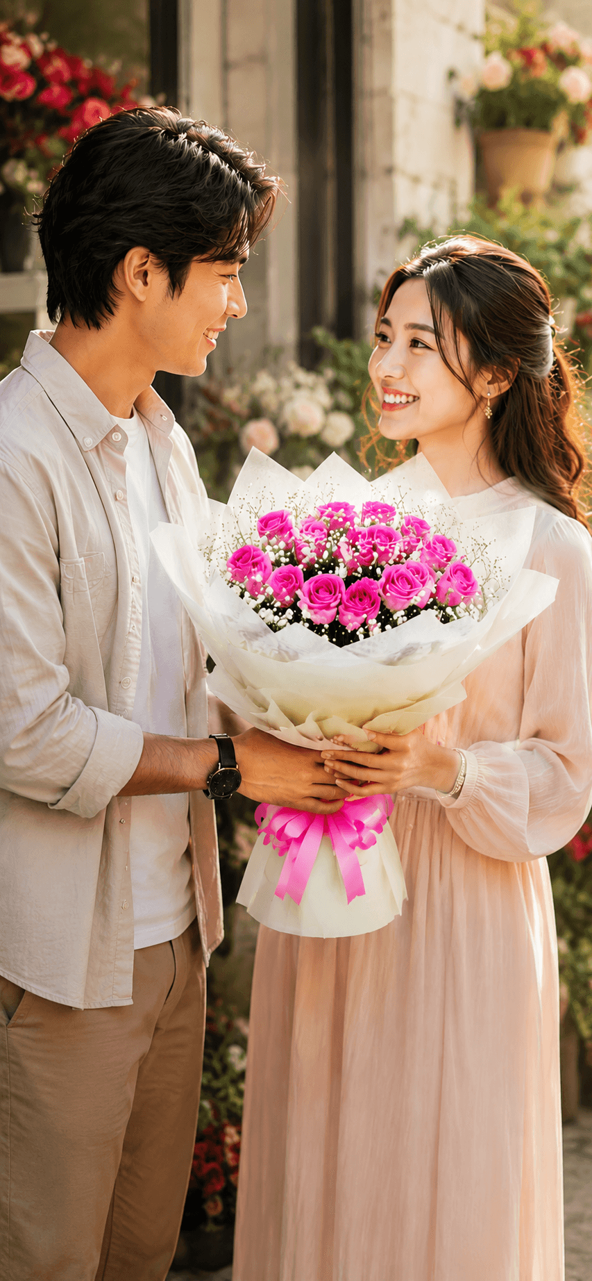 A happy couple sharing a bouquet